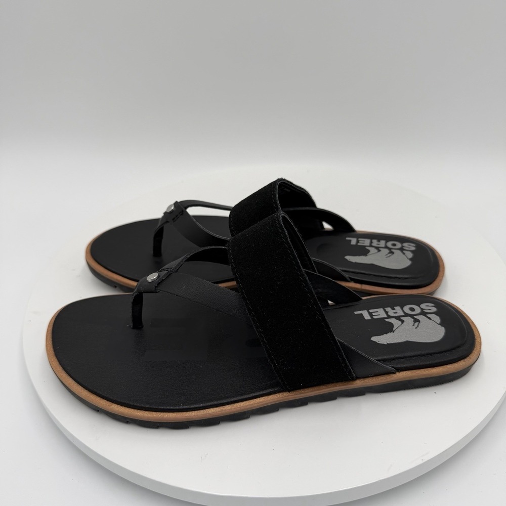 Sorel Sandals Womens Size 6 Ella II Easy Flip Slip On Thong Flats Black Leather